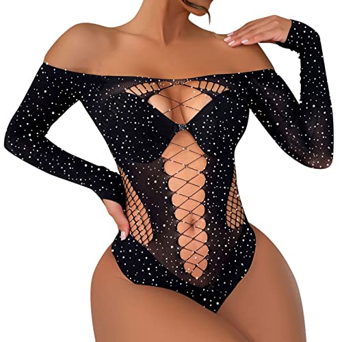 Damen Nachthemd Sexy Body Sheer Dessous Transparent Negligee Mesh Glitzer Langarm/Kurzarm Bodysuit Bluse Tops Hollow Out Chemise Fischernetzt One Size Nachtwäsche Tiefer V-Ausschnitt Camisole Dessous von Ashleyzj