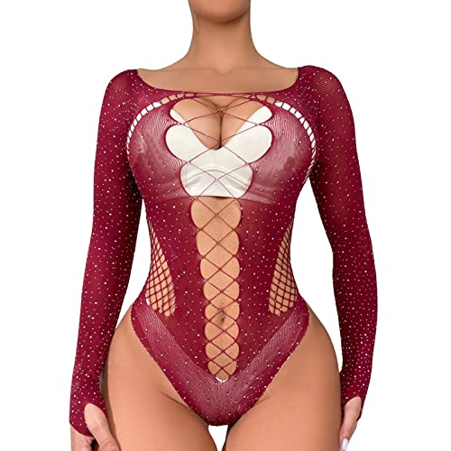 Damen Nachthemd Sexy Body Sheer Dessous Transparent Negligee Mesh Glitzer Langarm/Kurzarm Bodysuit Bluse Tops Hollow Out Chemise Fischernetzt One Size Nachtwäsche Tiefer V-Ausschnitt Camisole Dessous von Ashleyzj