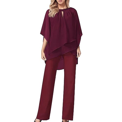 Damen Zweiteiler Sommer Hosenanzüge Festlich Hosenanzug Elegant 2 Teilig TüLl Abendanzug Sets Chiffon Shirt Und Hohe Taille Vintage 2-Teiliges Set Sexy Outfit Cocktail Party Große Größen Hosenanzug von Ashleyzj