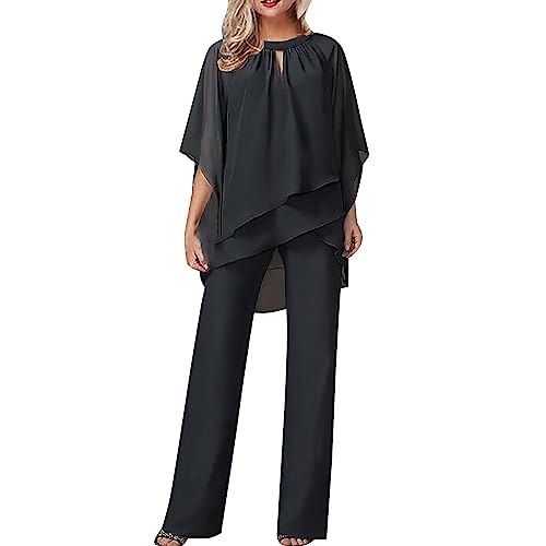 Damen Zweiteiler Sommer Hosenanzüge Festlich Hosenanzug Elegant 2 Teilig TüLl Abendanzug Sets Chiffon Shirt Und Hohe Taille Vintage 2-Teiliges Set Sexy Outfit Cocktail Party Große Größen Hosenanzug von Ashleyzj