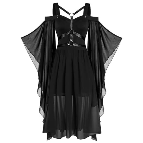 Gothic Kleid Damen, Cocktailkleider für Damen, Vintage Schwarz Mittelalterliches A-Linie Kleid mit Trompetenärmeln Gebundene Taille Kleid Halloween Karneval Kostüm für Frauen von Ashleyzj