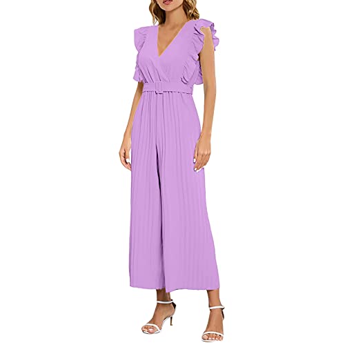 Jumpsuit Damen Elegant Für Hochzeit Strand Overall Damen Sommer Hosenanzug Damen Business Hawaii V-Ausschnitt Kurzarm Einteiler Feder Hohe Taille Lang Romper mit Taschen und Gürtel (Purple, XL) von Ashleyzj