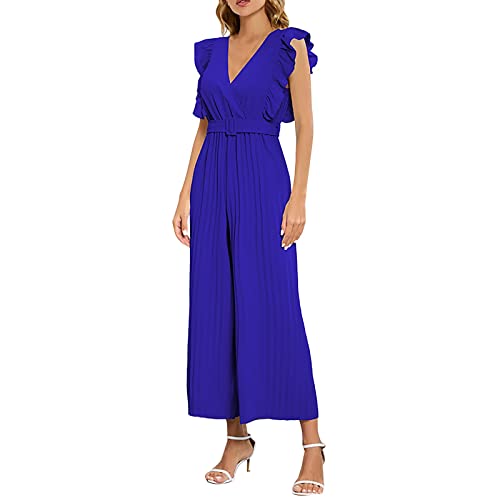 Jumpsuit Damen Elegant Für Hochzeit Strand Overall Damen Sommer Hosenanzug Damen Business Hawaii V-Ausschnitt Kurzarm Einteiler Feder Hohe Taille Lang Romper mit Taschen und Gürtel Breites (Blue, L) von Ashleyzj