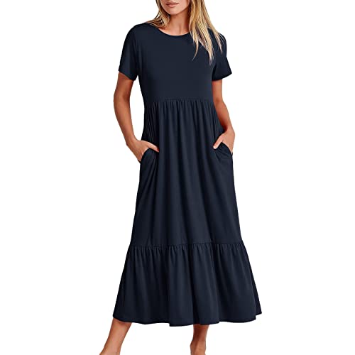 Kleid Damen Sommerkleid Lang Casual Rundhals Maxikleider Sommer Knielang Strandkleid Elastische Taille Lang Elegant Kleider Gestuftes Rüschen A Linie Kleid Sommer Kurzarm mit Taschen von Ashleyzj