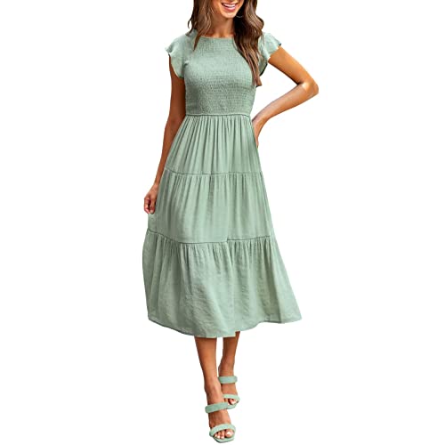 Kleid Damen Sommerkleid Lang Casual Rundhals Maxikleider Sommer Knielang Strandkleid Elastische Taille Lang Elegant Kleider Gestuftes Rüschen A Linie Kleid Sommer Kurzarm mit Taschen von Ashleyzj