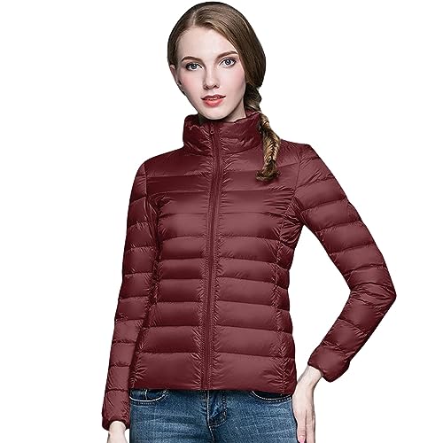 Leichte Daunenjacke Mit Kapuze Damen Steppjacke Leichter Daunenmantel Damen Winter Daunen Winterjacke Damen Leicht Ultraleichte Dünne Steppjacken Frauen Federleichte Softdaunenjacke (3A-Wine, XXL) von Ashleyzj