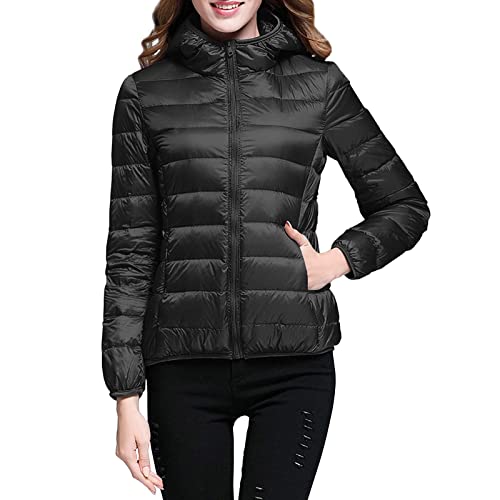 Leichte Daunenjacke Mit Kapuze Damen Steppjacke Leichter Daunenmantel Damen Winter Daunen Winterjacke Damen Leicht Ultraleichte Dünne Steppjacken Frauen Federleichte Softdaunenjacke (Black, L) von Ashleyzj