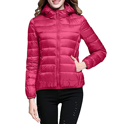 Leichte Daunenjacke Mit Kapuze Damen Steppjacke Leichter Daunenmantel Damen Winter Daunen Winterjacke Damen Leicht Ultraleichte Dünne Steppjacken Frauen Federleichte Softdaunenjacke (Hot Pink, L) von Ashleyzj