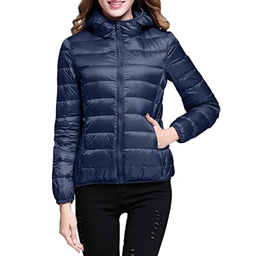 Leichte Daunenjacke Mit Kapuze Damen Steppjacke Leichter Daunenmantel Damen Winter Daunen Winterjacke Damen Leicht Ultraleichte Dünne Steppjacken Frauen Federleichte Softdaunenjacke (Navy, L) von Ashleyzj