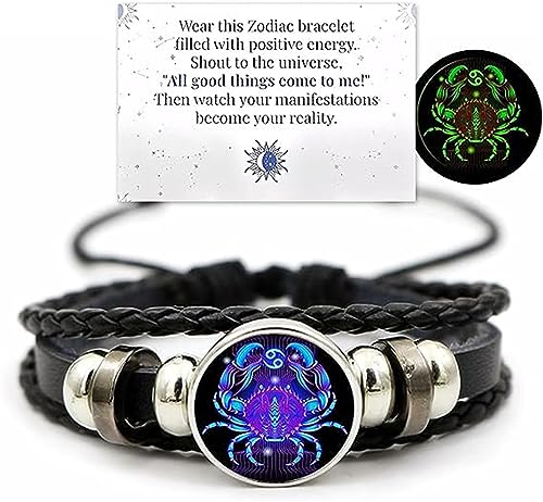 Zodiac Signs Spirit Bracelet,Handmade Woven Multilayer Adjustable 12 Constellation Zodiac PU Leather Bracelets,Zodiac Soul Bracelet,Glow in the Dark Zodiac Jewelry Gifts For Women Men (Cancer) von Ashopfun