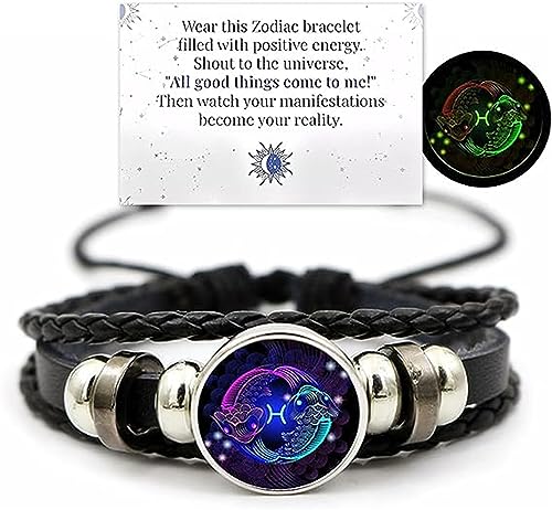 Zodiac Signs Spirit Bracelet,Handmade Woven Multilayer Adjustable 12 Constellation Zodiac PU Leather Bracelets,Zodiac Soul Bracelet,Glow in the Dark Zodiac Jewelry Gifts For Women Men (Pisces) von Ashopfun