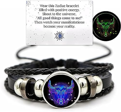 Zodiac Signs Spirit Bracelet,Handmade Woven Multilayer Adjustable 12 Constellation Zodiac PU Leather Bracelets,Zodiac Soul Bracelet,Glow in the Dark Zodiac Jewelry Gifts For Women Men (Taurus) von Ashopfun