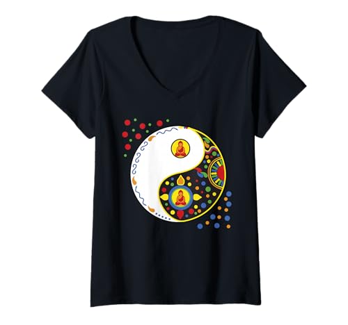 Damen Buntes Zeichensymbol für Tao-Yin und Yang mit Buddha T-Shirt mit V-Ausschnitt von Asia Spirit Designs