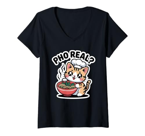 Damen Katzenliebhaber Pho Real T-Shirt mit V-Ausschnitt von Asian Foodie Vietnamese Pun