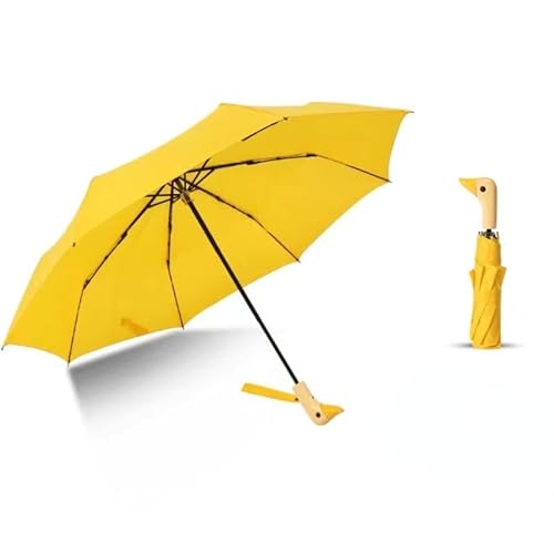 Asiasioc Enten-Regenschirm, Holzgriff, winddicht, niedlicher Entenkopf-Faltschirm, leicht und kompakt (Gelb 2) von Asiasioc