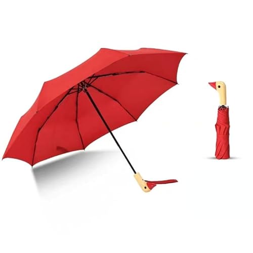 Asiasioc Enten-Regenschirm, Holzgriff, winddicht, niedlicher Entenkopf-Faltschirm, leicht und kompakt (Rot 2) von Asiasioc