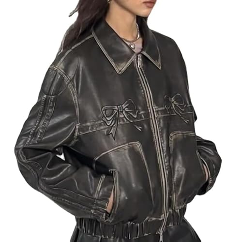 Asiasioc Lederjacke mit Schleife, Retro-Schleifendruck, PU-Ledermantel, koreanische Mode, Reißverschluss, Motorrad-Oberbekleidung, Schwarz, L von Asiasioc