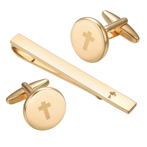 Asienice Manschettenknöpfe Gold Herren Mattiert Kreuzen Manchettenknoepfe Goldene Krawattennadel für Männer Hochzeit Einfache Runde v Schmuck für Business von Asienice