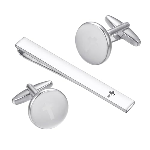 Asienice Krawattennadel Silber Manchettenknoepfe Herren Mattiert Kreuzen Manchettenknoepfe Krawattennadel für Männer Hochzeit Einfache Runde v Schmuck für Business von Asienice