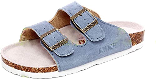 Asifn Damen Herren Slide Kork Fußbett Sandale Flach Verstellbarer Riemen Verstellbare Schnalle Slip auf Casual Open Toe Schuhe Wildleder Sommer（Blau,44/45 EU,43 Markengröße von Asifn