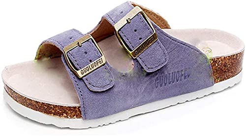 Damen Herren Slide Kork Fußbett Sandale Flach Verstellbarer Riemen Verstellbare Schnalle Slip auf Casual Open Toe Schuhe Wildleder Sommer（Purple,38/39 EU,40 Markengröße von Asifn