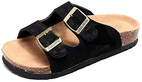 Asifn Damen Herren Slide Kork Fußbett Sandale Flach Verstellbarer Riemen Verstellbare Schnalle Slip auf Casual Open Toe Schuhe Wildleder Sommer（Schwarz,46/47 EU,44 Markengröße von Asifn