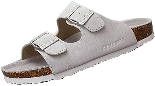 Damen Herren Slide Kork Fußbett Sandale Flach Verstellbarer Riemen Verstellbare Schnalle Slip auf Casual Open Toe Schuhe Wildleder Sommer（Weiß,49.5/50 EU,46 Markengröße von Asifn