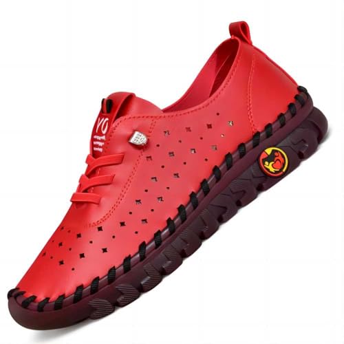 Asifn Damen Leder Loafer Mit Hohler Sohle Weicher Flacher Boden Handgefertigt Lässige Wanderschuhe Für Draußen Leicht Rot 44 EU von Asifn