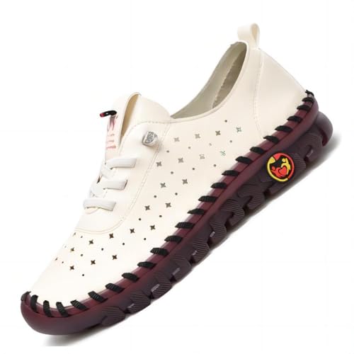 Asifn Damen Leder Loafer Mit Hohler Sohle Weicher Flacher Boden Handgefertigt Lässige Wanderschuhe Für Draußen Leicht Weiß 41 EU von Asifn