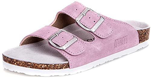 Damen Herren Slide Kork Fußbett Sandale Flach Verstellbarer Riemen Verstellbare Schnalle Slip auf Casual Open Toe Schuhe Wildleder Sommer（Rosa,44/45 EU,43 Markengröße von Asifn