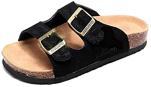 Damen Herren Slide Kork Fußbett Sandale Flach Verstellbarer Riemen Verstellbare Schnalle Slip auf Casual Open Toe Schuhe Wildleder Sommer（Schwarz,49.5/50 EU,46 Markengröße von Asifn