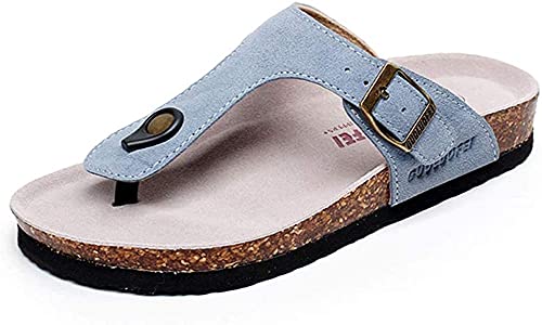 Asifn Damen Slide Herren Kork Fußbett Sandale Flache Einstellbare Lederriemen Schnalle Casual Offene Zehe Schuhe Wildleder Flip-Flops Sommer（Blau,40/41 EU,41 Markengröße von Asifn