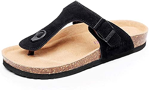 Asifn Damen Slide Herren Kork Fußbett Sandale Flache Einstellbare Lederriemen Schnalle Casual Offene Zehe Schuhe Wildleder Flip-Flops Sommer（Schwarz,46/47 EU,44 Markengröße von Asifn