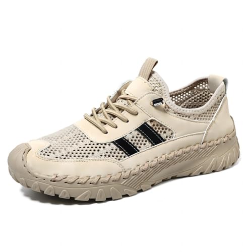 Asifn Herren-Freizeit-Sneakers Atmungsaktives Mesh Leicht Komfortabel rutschfeste Leder-Slipper Hohlraum-Outdoor-Handgefertigte Beige 38 EU von Asifn