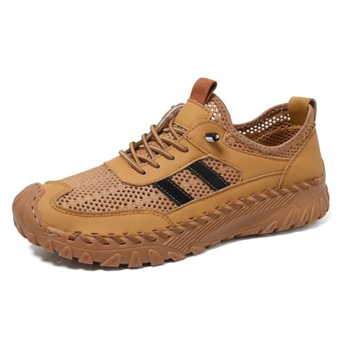 Asifn Herren-Freizeit-Sneakers Atmungsaktives Mesh Leicht Komfortabel rutschfeste Leder-Slipper Hohlraum-Outdoor-Handgefertigte Braun 38 EU von Asifn