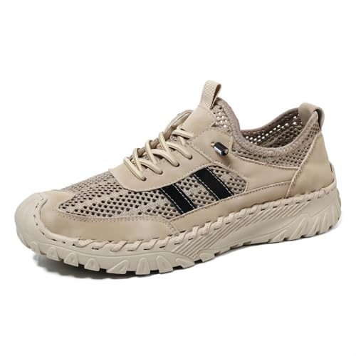 Asifn Herren-Freizeit-Sneakers Atmungsaktives Mesh Leicht Komfortabel rutschfeste Leder-Slipper Hohlraum-Outdoor-Handgefertigte Khaki 39 EU von Asifn