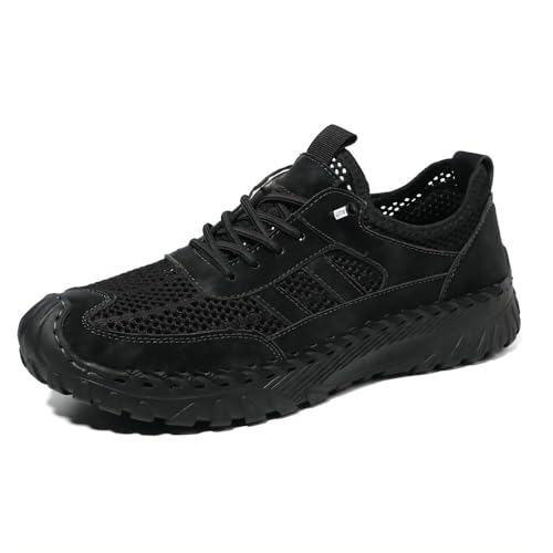 Asifn Herren-Freizeit-Sneakers Atmungsaktives Mesh Leicht Komfortabel rutschfeste Leder-Slipper Hohlraum-Outdoor-Handgefertigte Schwarz 39 EU von Asifn