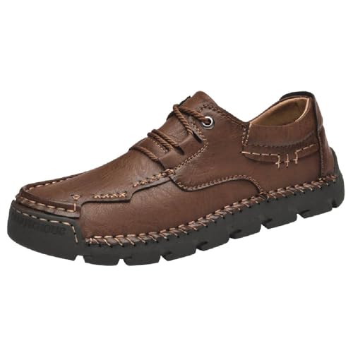 Asifn Herren Freizeitschuhe aus Leder handgenähte Mode Klassische Loafers leichte Schnürschuhe rutschfeste verschleißfeste Arbeitsschuhe Braun 39 EU von Asifn