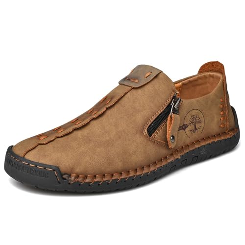 Herren Loafers Schuhe Casual Handgemachte Gehen Atmungsaktive Bequeme Leder Nähen Büro Business Reißverschluss Flache Mokassins Khaki 47 EU von Asifn