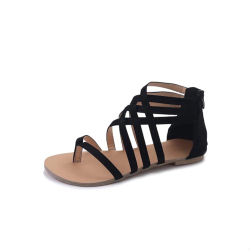 Asifn Sandalen Damen Sommer Römische Gladiator-Sandalen für Damen Tanga Geflochten Mit Kreuzreißverschluss Flache Sommerschuhe（Schwarz,38 EU von Asifn