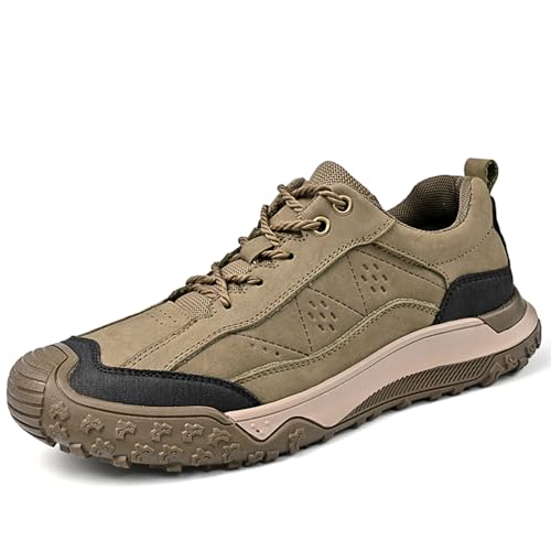 Herren Echtleder Schuhe Bequeme Leichte Anti-Rutsch Outdoor Walking Arbeit Wandern Reisen Schnürschuhe Sportschuhe Khaki 42 EU von Asifn