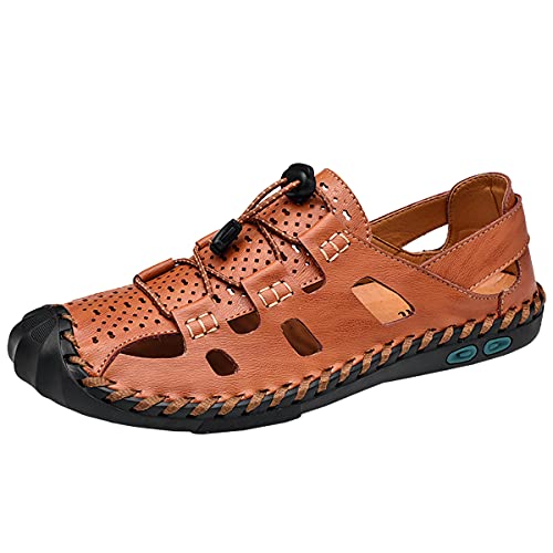 Herren Geschlossene Zehe Wandern Sandalen Outdoor Einstellbare Leder Fischer Sommer Strand Sandale Schuhe（39 EU,Braun von Asifn