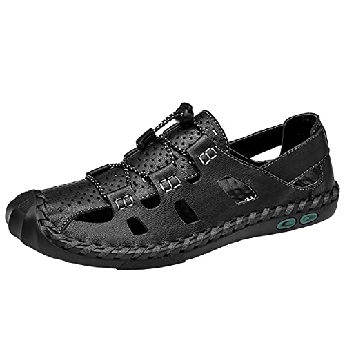 Herren Geschlossene Zehe Wandern Sandalen Outdoor Einstellbare Leder Fischer Sommer Strand Sandale Schuhe（44 EU,Schwarz von Asifn