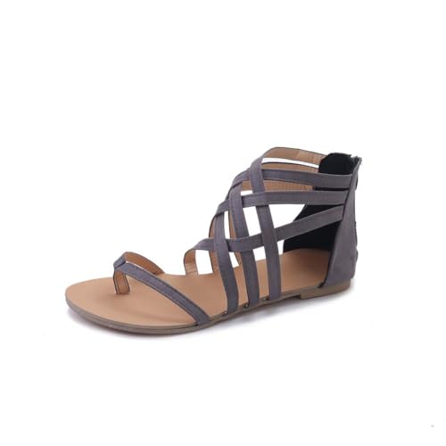 Asifn Sandalen Damen Sommer Römische Gladiator-Sandalen für Damen Tanga Geflochten Mit Kreuzreißverschluss Flache Sommerschuhe（Grau,42 EU von Asifn