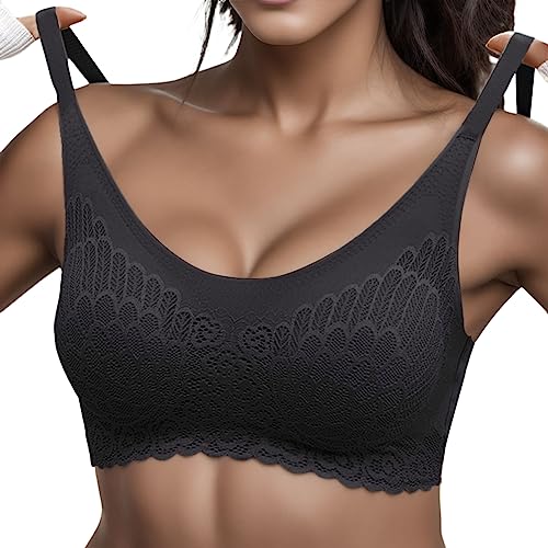 Asija Bügelloser BH Mit Spitze Damen Push Up Soft Schlaf BH Strapless Braentlastungs Bra Sport Comfit BH Guter Halt Orthopädischer Entlastungs BH Spitzen Bras Damen Schwarz M von Asija