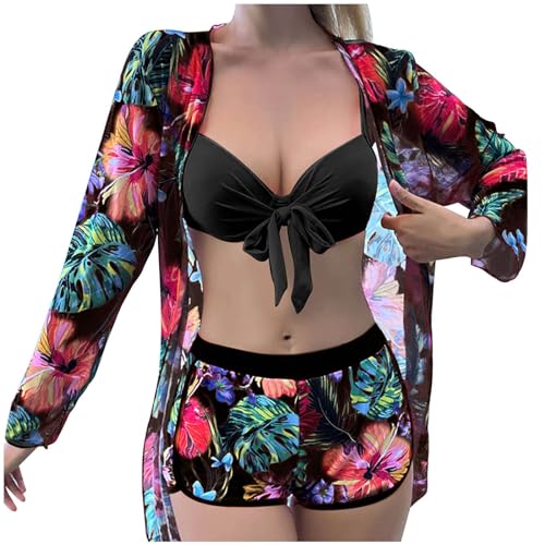 Asija Bikini Damen Set Push Up 3 Teilig Mit Shorts Bikini Cover Up Badeanzug 3 Teilig Damen Bademode Chiffon Cardigan Damen Lang Sommer Bademoden Sexy Boho Kimono Strandmode Strandtunika Strandponcho von Asija