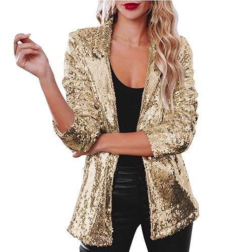 Asija Blazer Damen Lang Damen Pailletten Blazer mit Glitzer Langarm Rave Jacken Blazer Sakko Pailletten Jacke Lässig Langarm Glitzer Party Glänzend Metallic Glitzer Sequin Baseball Jacke Bikerjacke von Asija