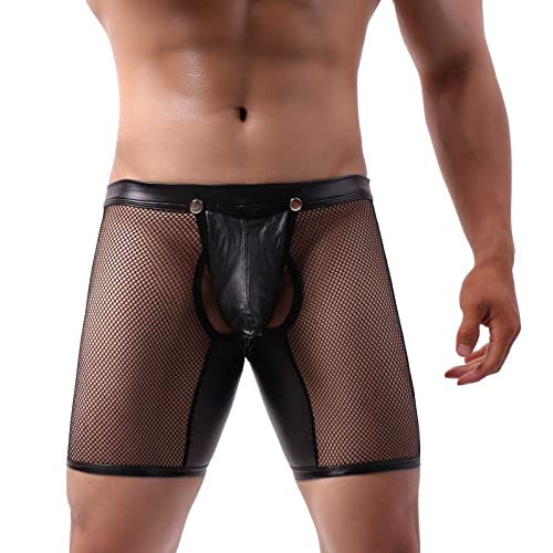 Asija Boxershorts Herren Sexy Herren Boxershorts Leder Optik Vinyl Wetlook sexy Unterwäsche Reizwäsche für Männer Clubwear Shorts Pants Front Pouch mit Druckknöpfe Schwarz Latex ähnlich Herren-Pants von Asija