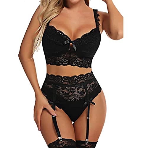 Asija Damen Dessous Set Sexy, Strapsen Dessous Set Sexy Lingerie mit Strumpfband Unterwäsche Unterwäsche Outfit BH und G-String Reizwäsche Spitzen Teddy Babydoll Bodysuit erotische Dessous Frau von Asija