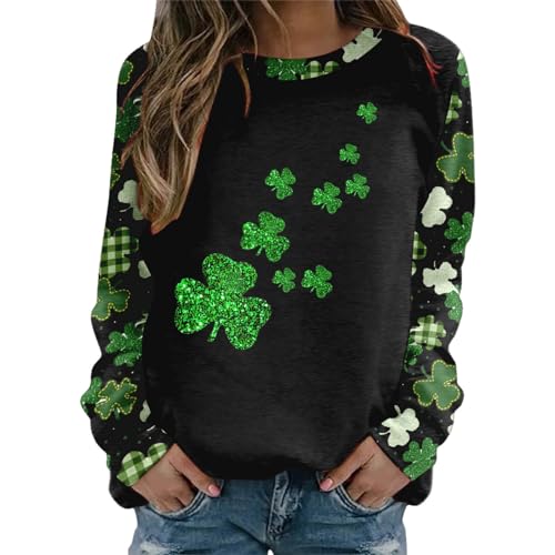 Asija Damen Sweatshirt St. Patrick's Day Shirt Damen Elegant St Patricks Day Bedruckte Rundhals Langarm T-Shirt Frauen Sankt Patricks Day Muster Oberteile Lässige Lose Basic Bluse Tops Langarmshirt von Asija